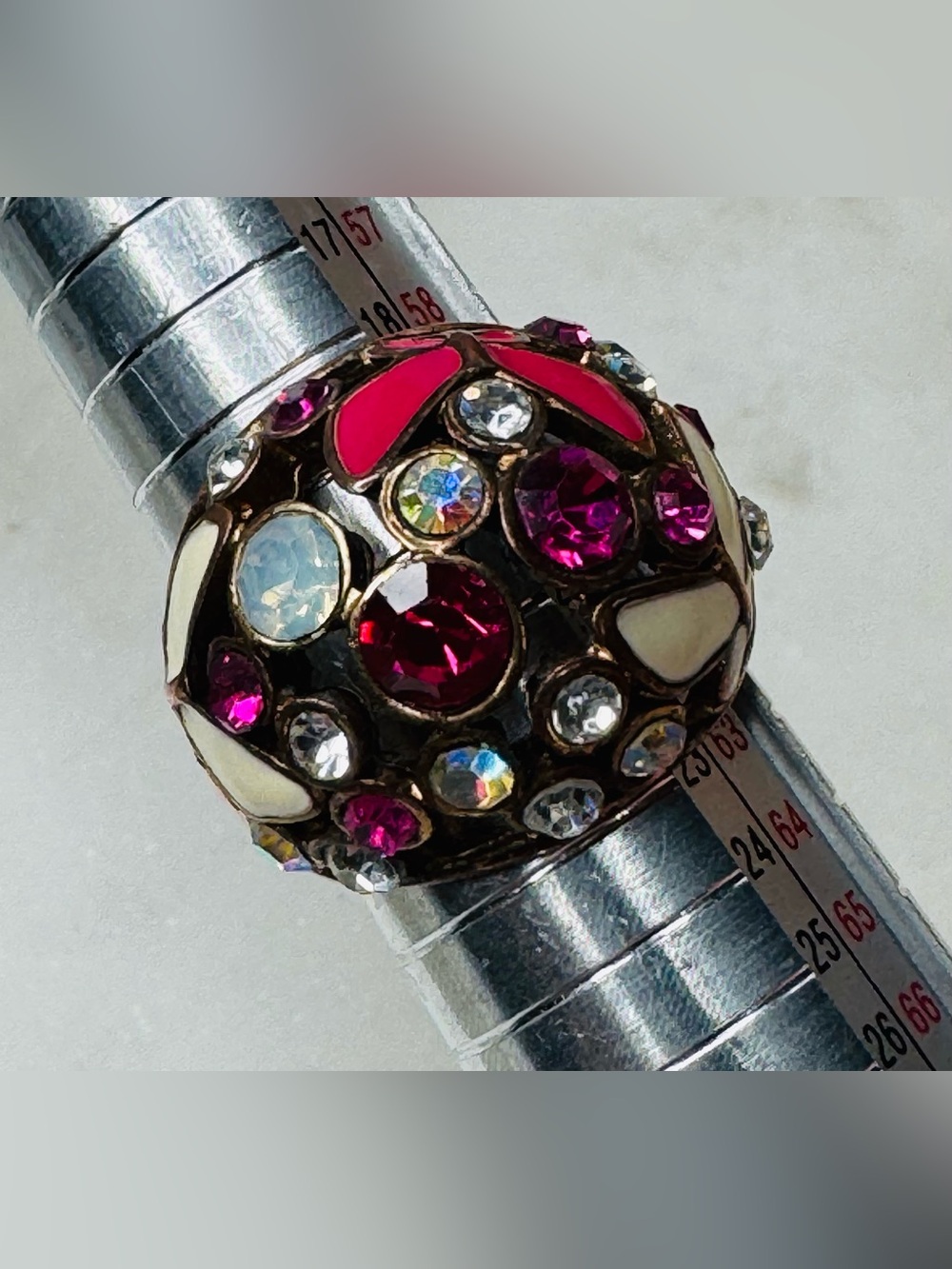Statement Dome Cocktail Ring with Pink and White Enamel Butterflies - Picture 6 of 6